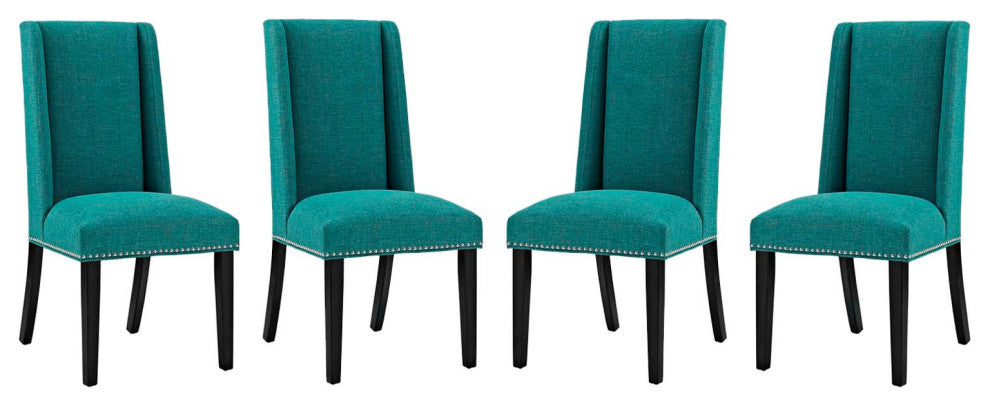 Modern Dining Room Side Dining Chair, Set of Four, Fabric Wood, Aqua Blue