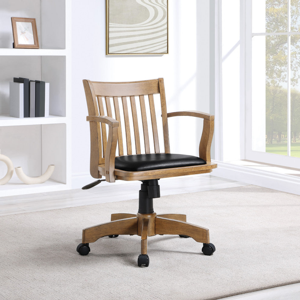 Deluxe Wood Bankers Chair with Black Vinyl Padded Seat in Fruit Brown Wood