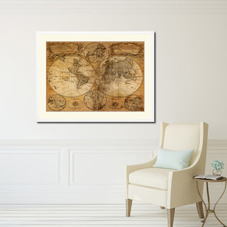 World Vintage Old Map Print On Canvas With Picture Frame 28" X 37"