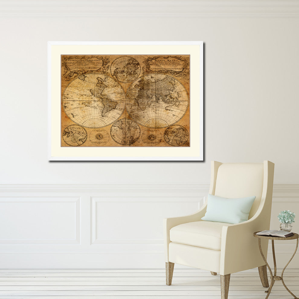 World Vintage Old Map Print On Canvas With Picture Frame 28" X 37"