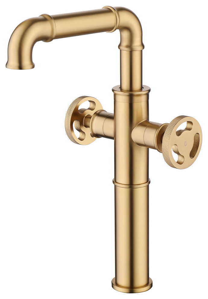 Deck Mounted Dual Handles Bathroom Vessel Sink Faucet, Brushed Gold
