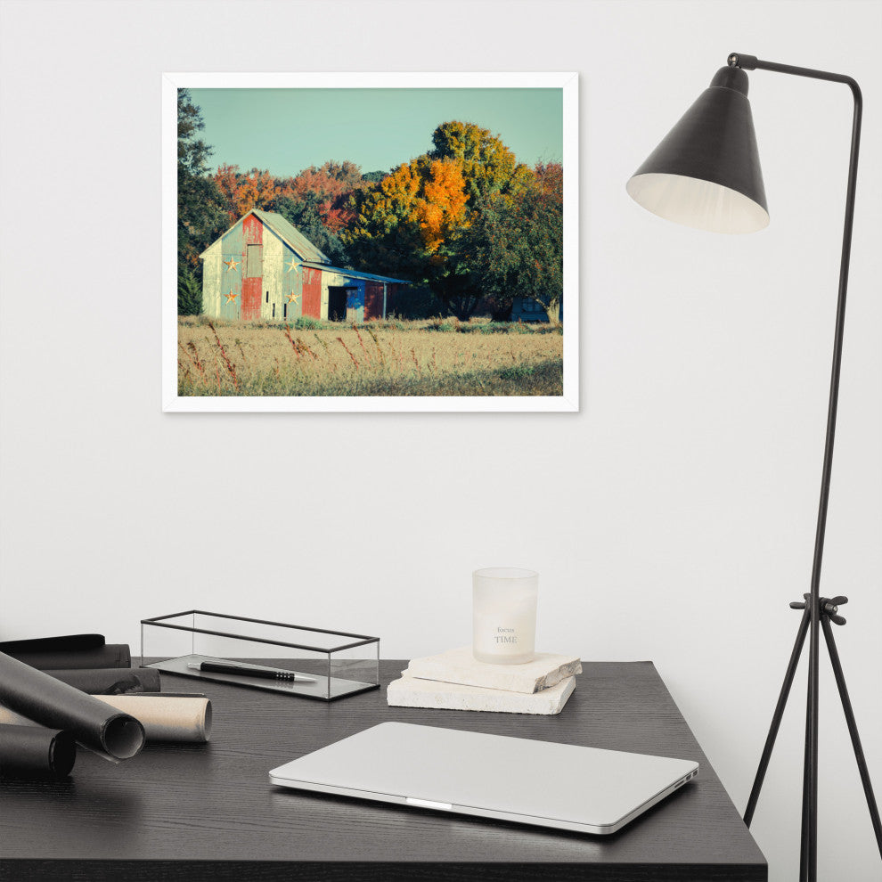 Patriotic Weathered Barn in Field Cross Processed Framed Photo Wall Art Prints, White, 16" X 20"
