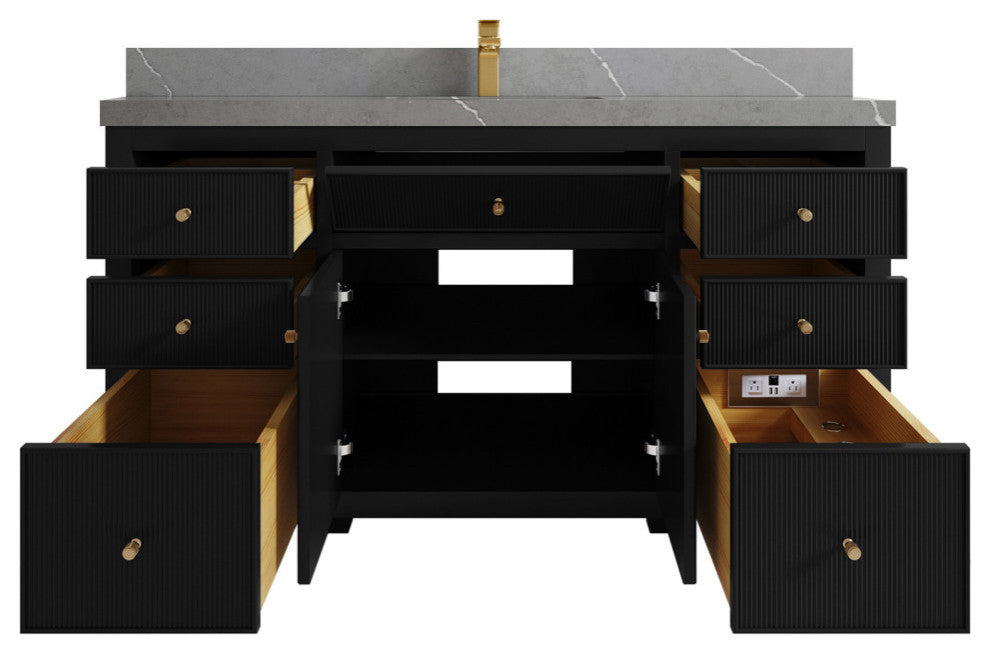 Sonoma 60 Single Sink Reeded Bathroom Vanity in Black 2" Piatra Gray