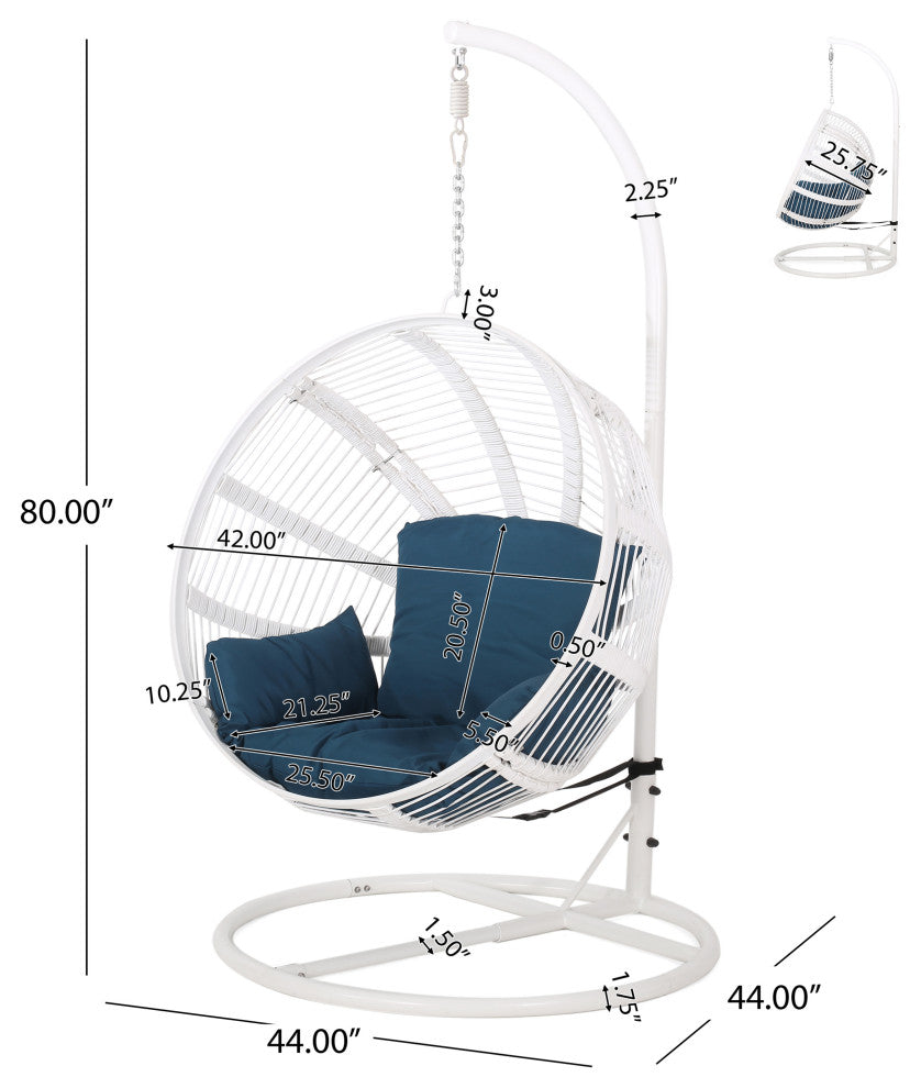 Ansonia Outdoor Rope Weave Hanging Chair With Stand, Darl Teal + White
