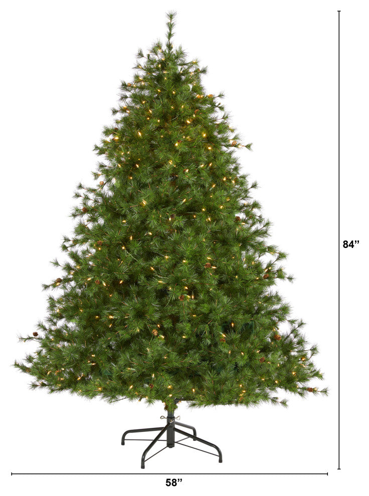 7' Colorado Mountain Pine Faux Xmas Tree W/450 Lights & Pinecones
