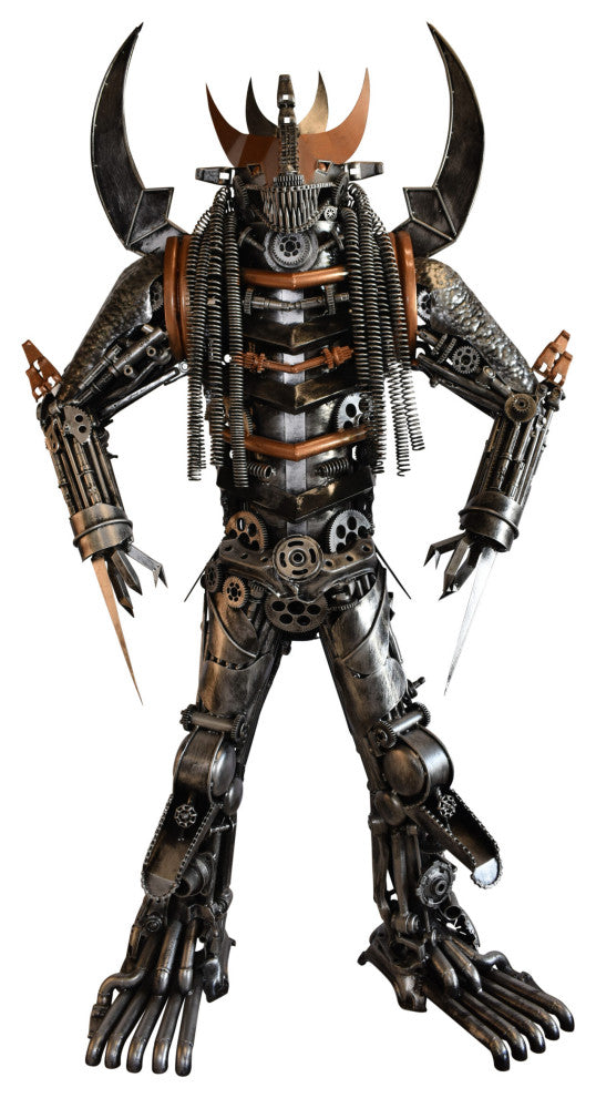Colorfull impresive Statue of a warrier made of metal scraps 48" x 20" x 82"H