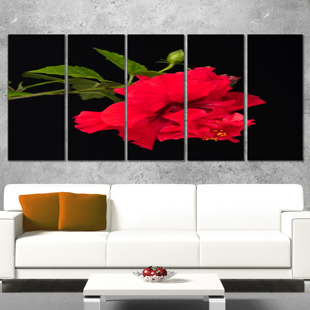 Bright Red Hibiscus on Black, Large Floral Canvas Art Print, 60"x28", 5 Panels