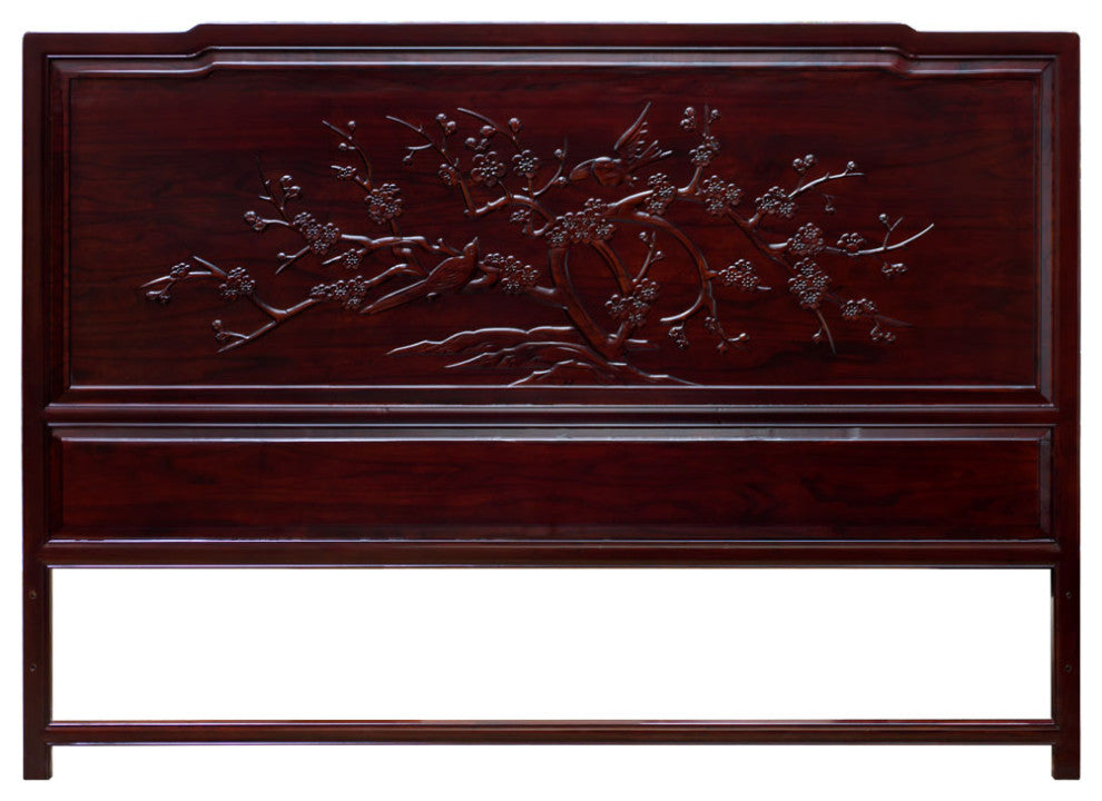 Dark Cherry Elmwood Flower and Bird King Size Oriental Platform Bed with Drawers
