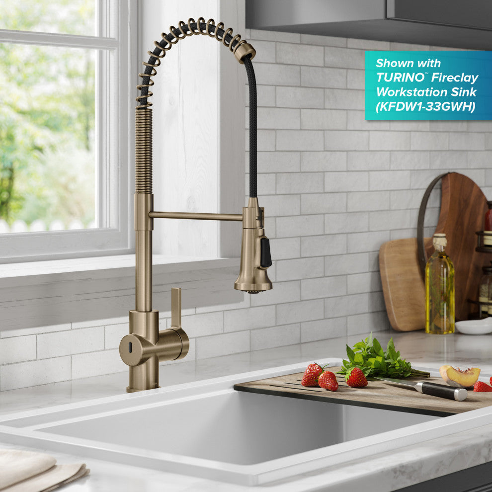 Britt Commercial Style 3-Function Pull-Down 1-Handle 1-Hole Kitchen Faucet, Spot Free Antique Champagne Bronze (Touchless Ksf-1691sfacb)