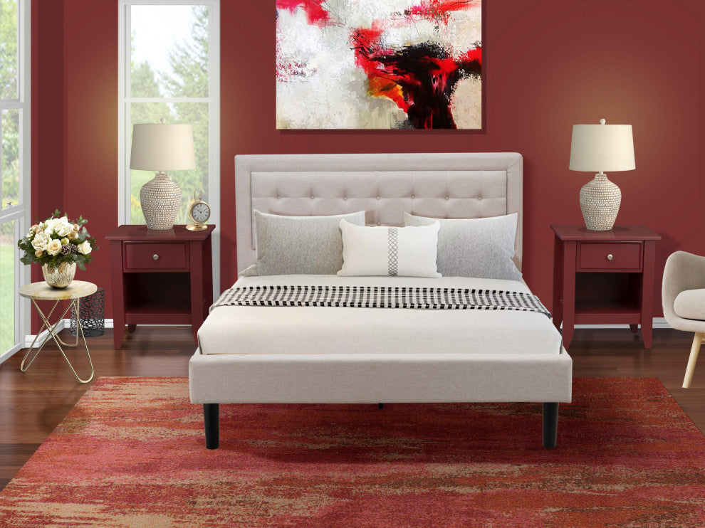 3Pc Fannin Bedroom Set, 1 Wingback Bed, 2 Bedroom Nightstands, Mist Beige