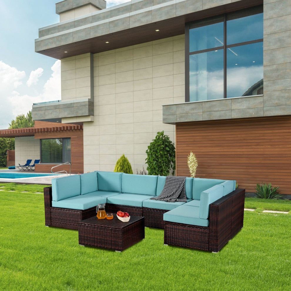 7-Piece Outdoor Wicker U-Shaped Patio Sofa Set with Table and Cushions, Teal Blue+brown