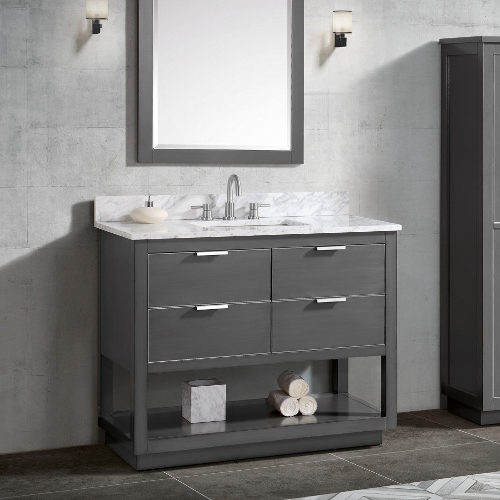 Avanity Allie 43 In. Vanity, Twilight Gray/ Silver, Natural 1" Carrara White Marble Countertop and Backsplash