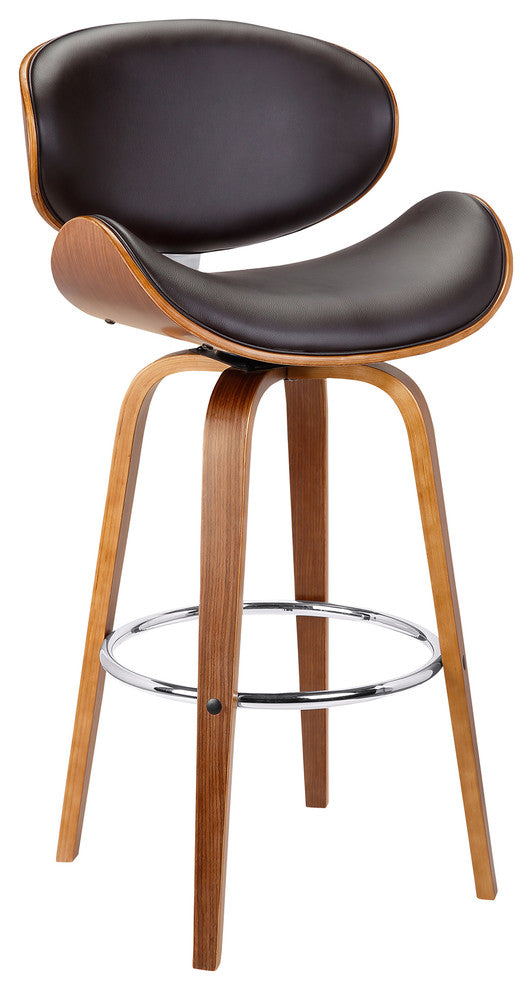 Benton 26" Mid-Century Swivel Counter Stool, Brown Faux Leather, Wooden Legs