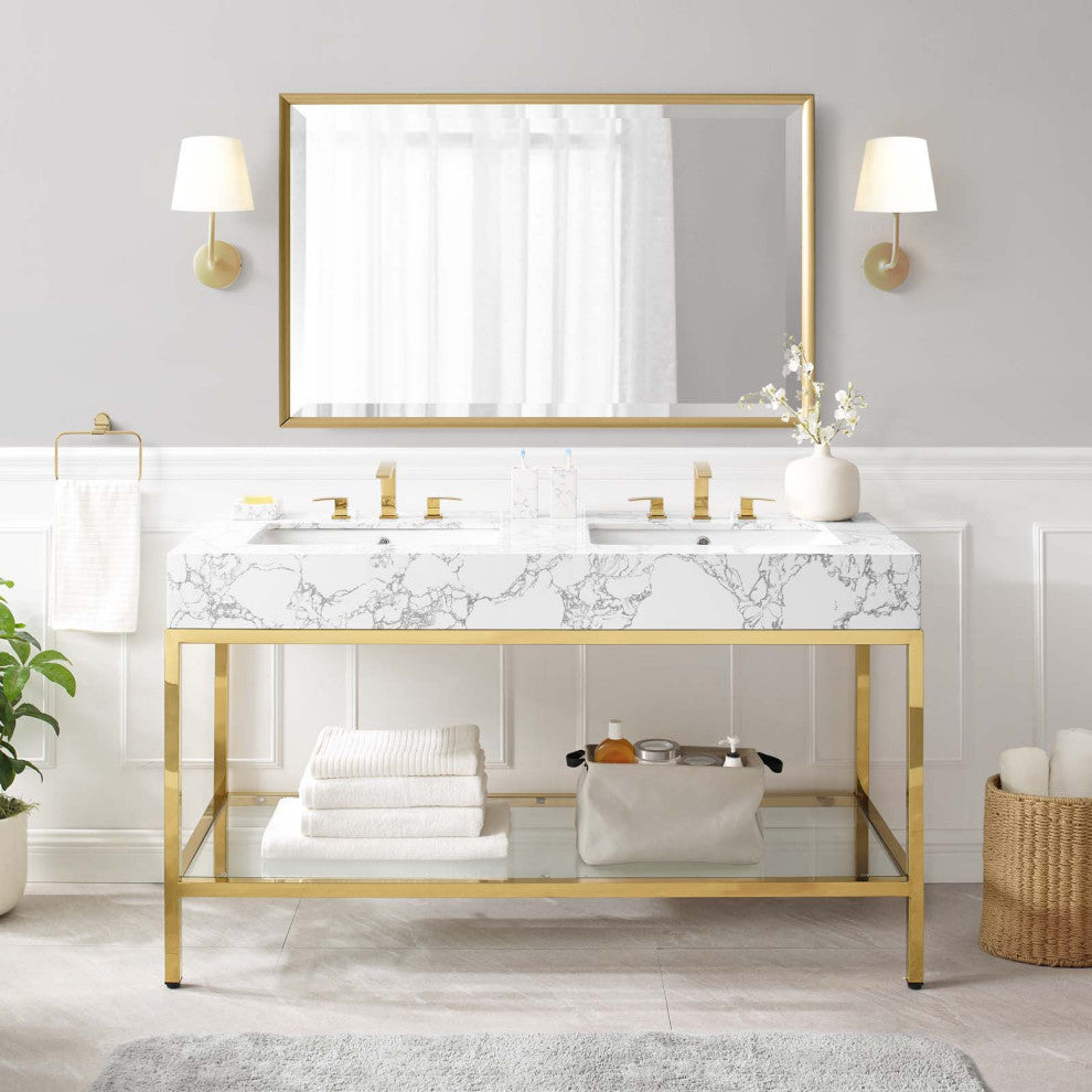 Sink Vanity Cabinet, Artificial Marble, Metal, Gold White, Modern, Bathroom