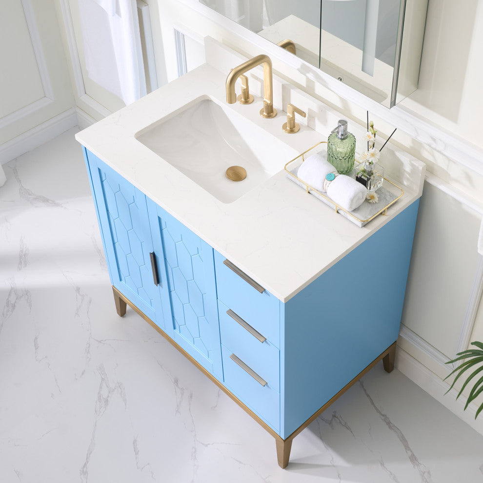Alison Freestanding Bathroom Vanity with Italian Carrara White Marble Top, Light Blue, 36"