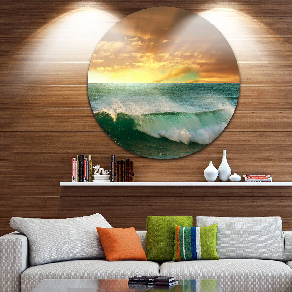 Stormy White Wave In Blue Sea, Modern Beach Round Wall Art, 11"