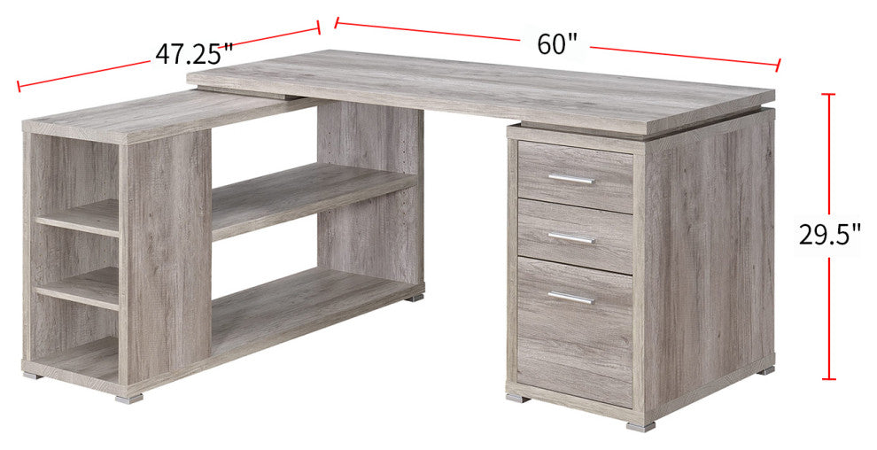 L-Shape Office Desk with 3 Drawers, Gray Driftwood