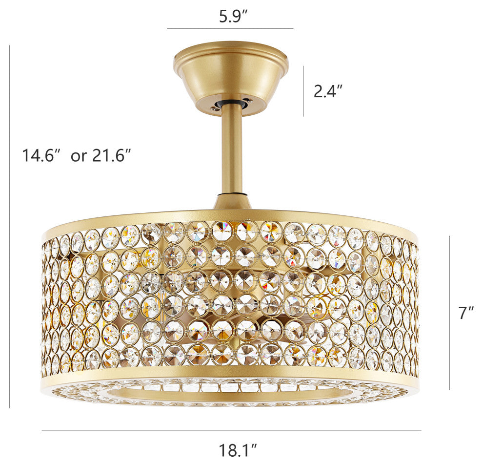 18" Caged Crystal Ceiling Fan with Light Kit and Remote Control, Gold