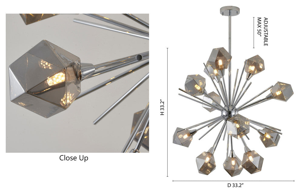 12-Light 33" Gold Metal Chandelier With Smoke Glass Shades, Chrome