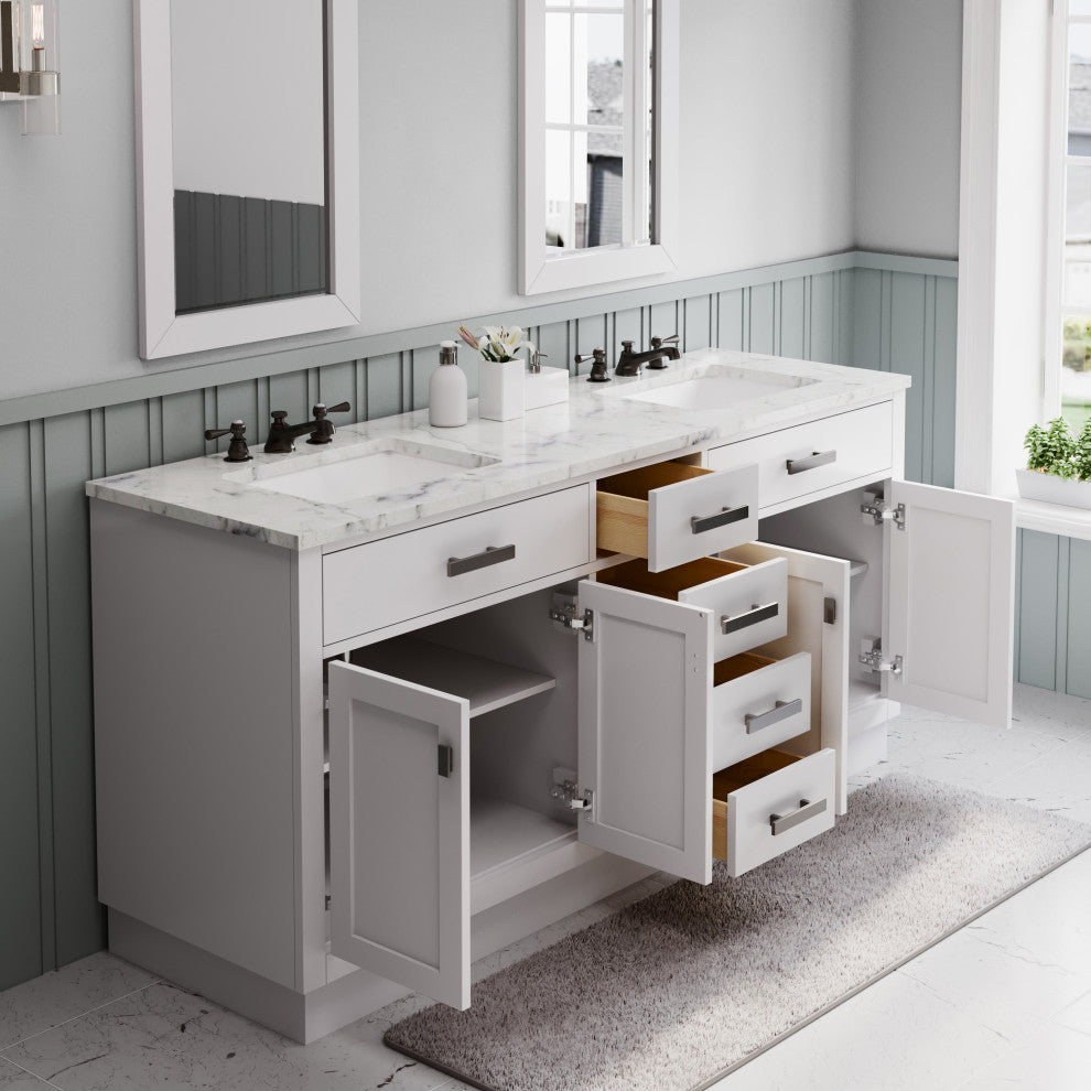 Hartford 72" Double Sink Marble Countertop Bath Vanity, White, Vanity With Small