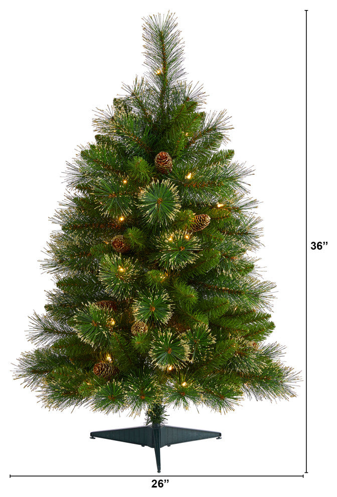 3' Golden Washington Pine Faux Xmas Tree W/Lights, Pinecones & Bendable Branches