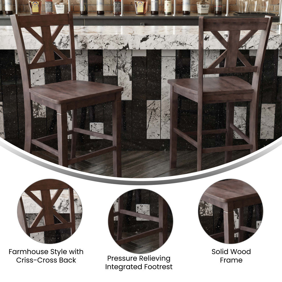 Set of 2 24" High Solid Wood Farmhouse Counter Height Barstools, Gray Wash Walnut