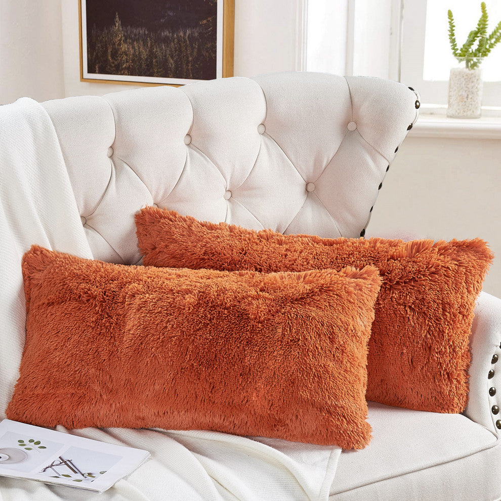 Shaggy Faux Fur Pillow Cover, Burnt Orange, Set of 2, 14"x26"