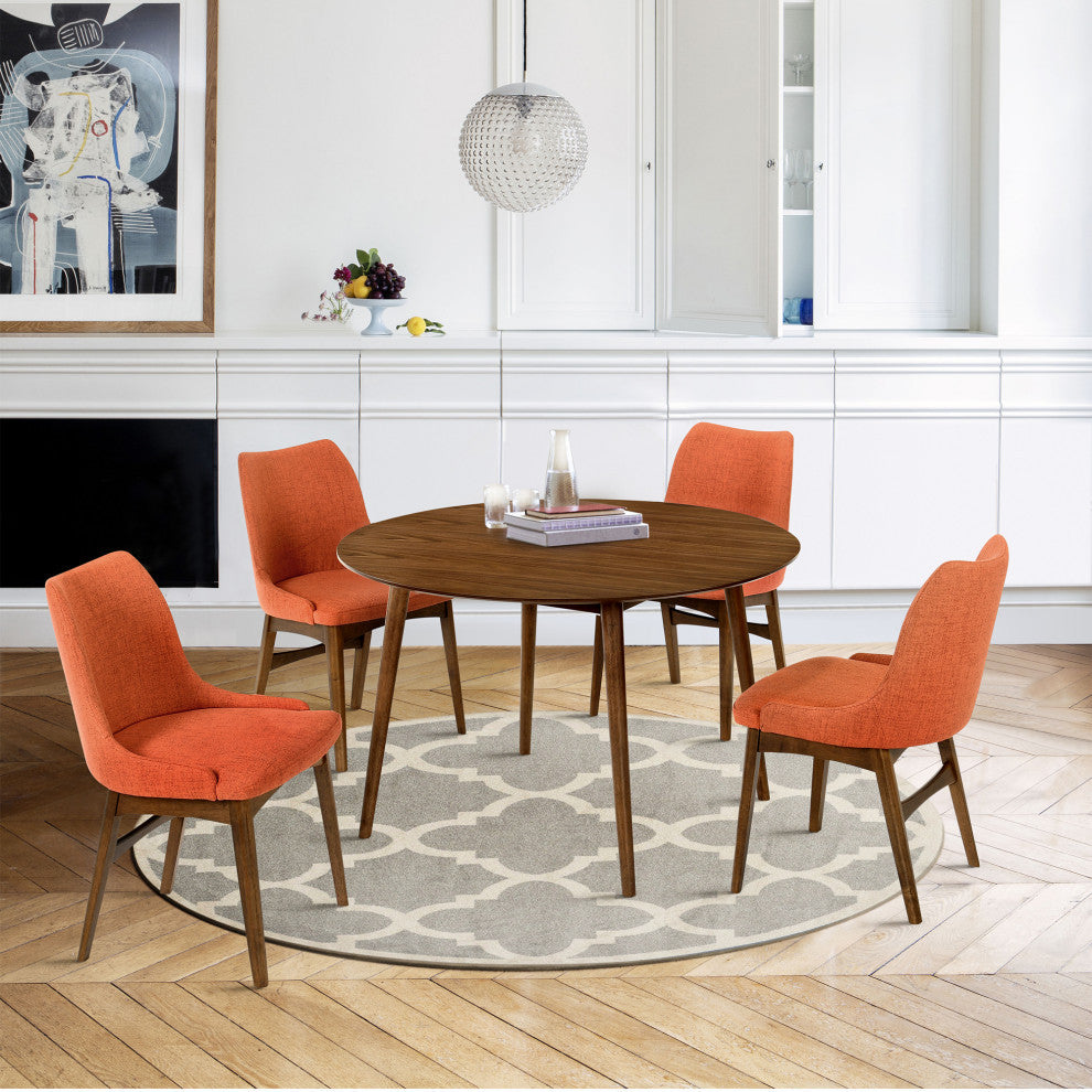 Arcadia and Azalea Round and Wood 5-Piece Dining Set, Orange and Walnut, 48"