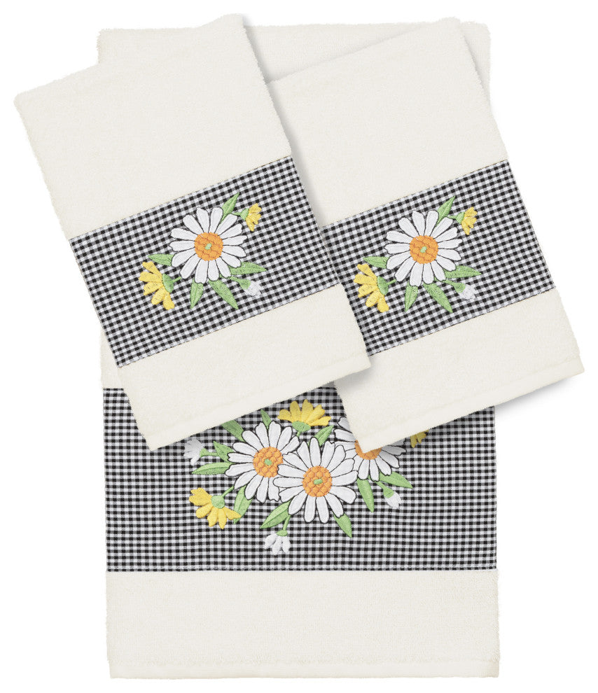 Linum Home Textiles Turkish Cotton Daisy 3-Piece Embellished Towel Set, Cream
