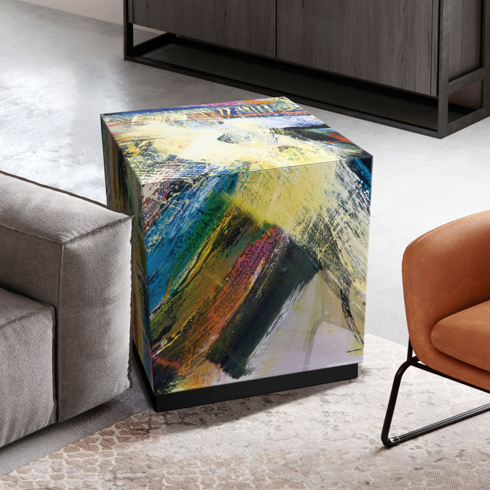 "Graffiti Rock Star"Printed Art Glass Side Table with Black Plinth Base Set of 2