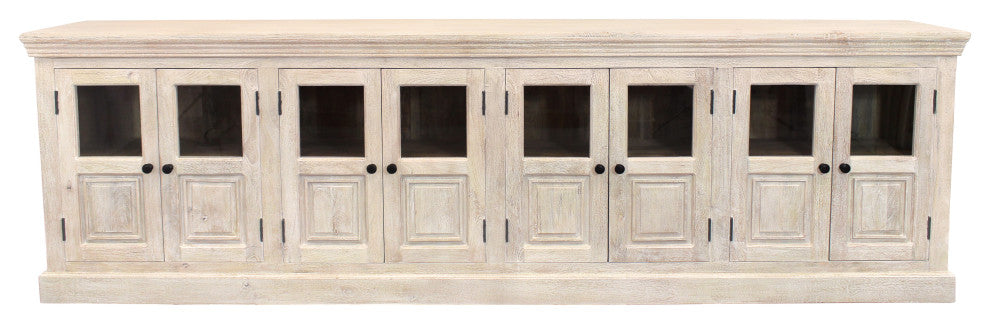 Tropez 8-Door Solid Wood Sideboard With Glass Panels, Distressed White Finish