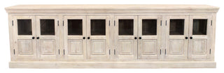 Tropez 8-Door Solid Wood Sideboard With Glass Panels, Distressed White Finish