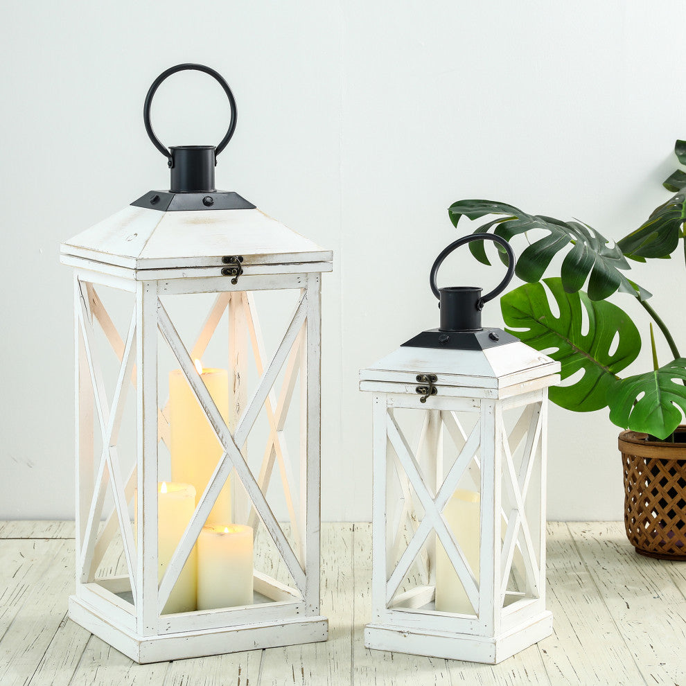 Set of 2 Farmhouse Wooden Lantern, White