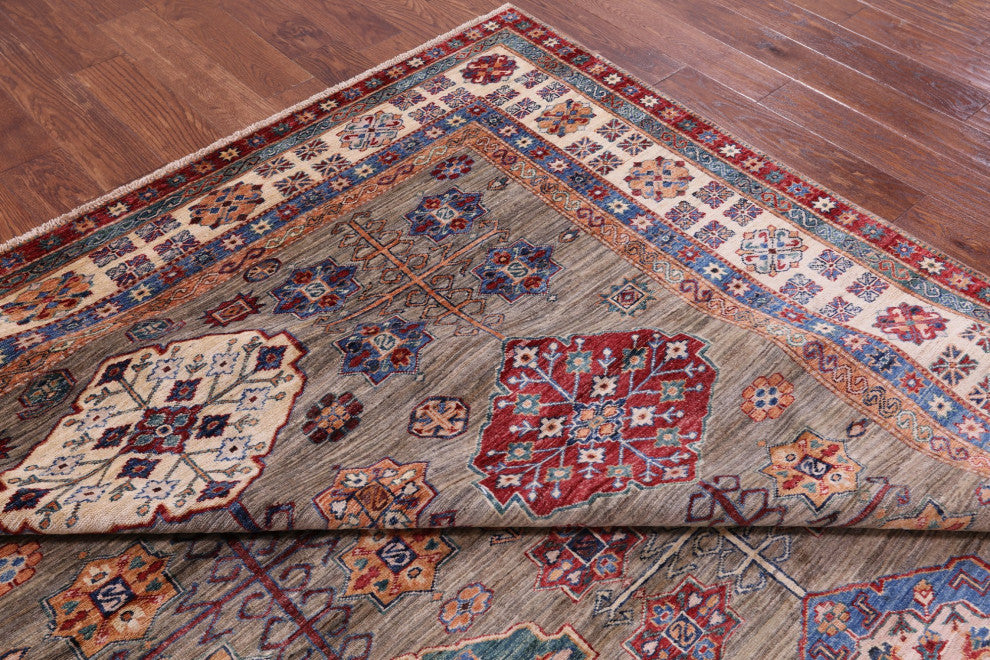 8' 2" X 11' 1" Handmade Geometric Super Kazak Wool Rug Q9865