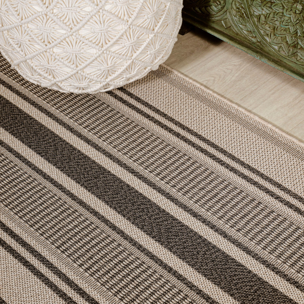 Haynes Modern Double Stripe Indoor/Outdoor Area Rug, Black/Beige, 5x8