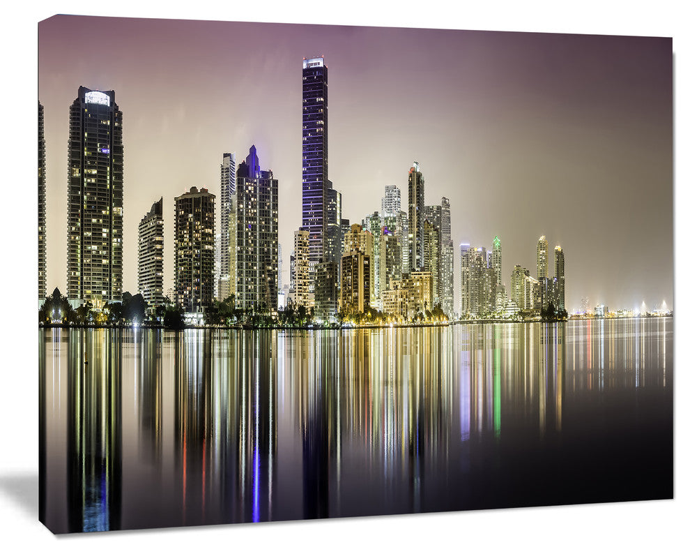 Miami Downtown Night Panorama, Extra Large Canvas Art Print, 20"x12"