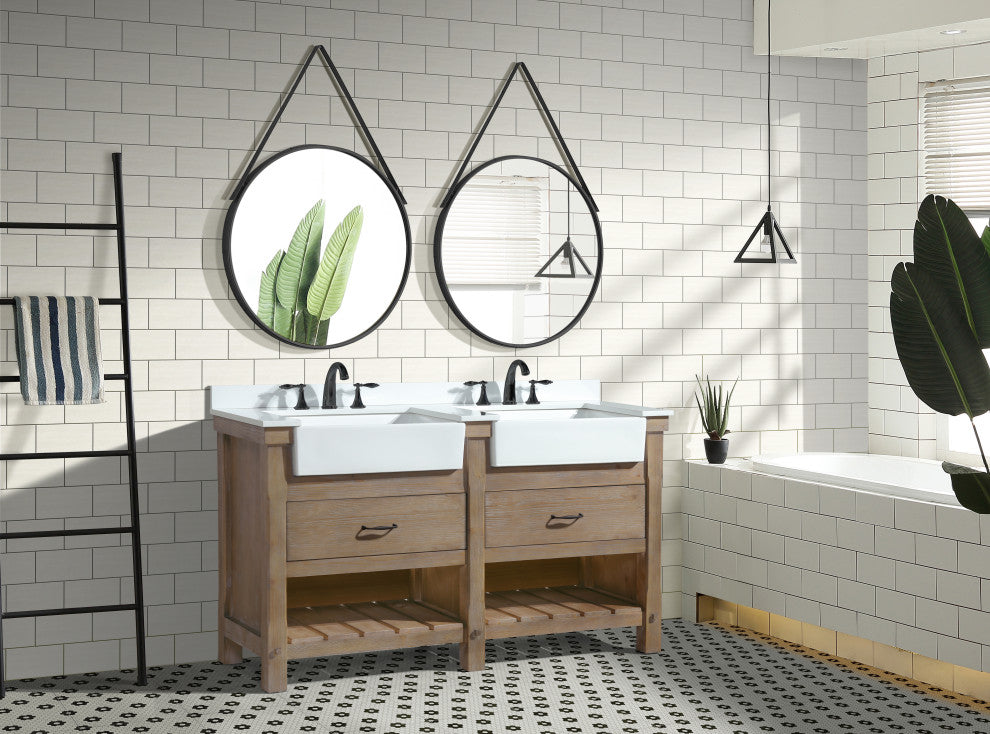 Marina 60" Bathroom Vanity, Weathered Finish, White Engineered Stone