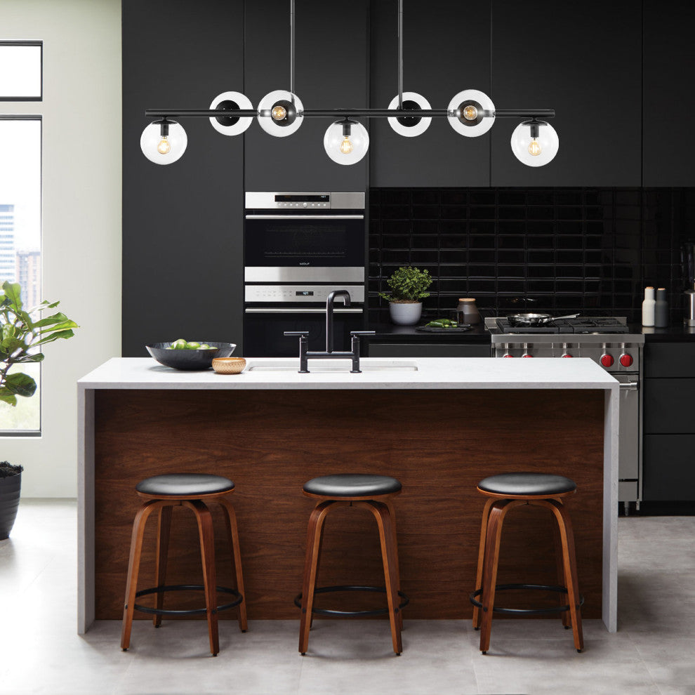 Luca Parisian 53" 7-Light Modern Glam Iron Globe Linear LED Pendant, Black/Clear