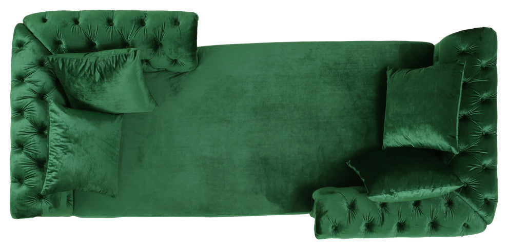 Harrisville Modern Tufted Velvet Tete-a-Tete Chaise Lounge with Accent Pillows, Emerald + Dark Brown