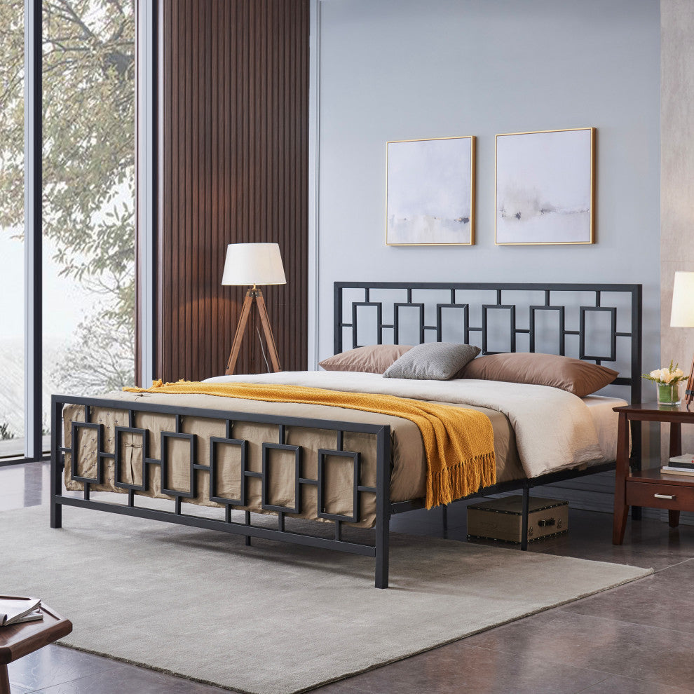 Moore Modern Iron King Bed Frame, Flat Black