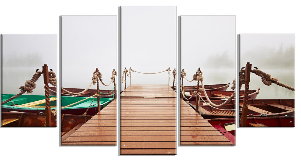 Boats in Mysterious Fog, Boat Canvas Art Print, 60"x32", 5 Panels