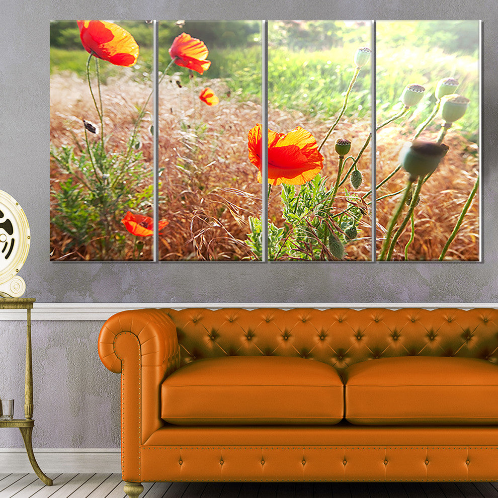 Beautiful Morning View of Poppies, Floral Canvas Art Print, 48"x28", 4 Panels