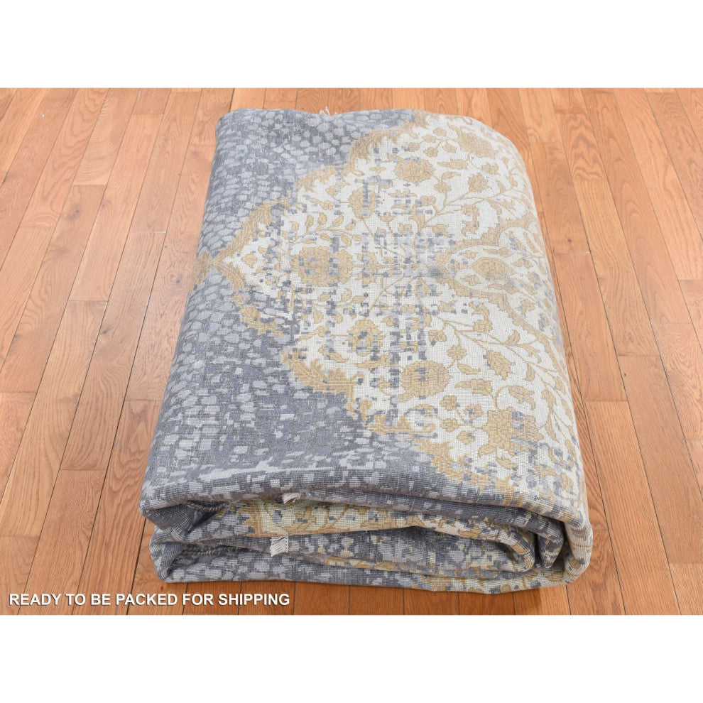 Carbon Gray Persian Medallion Design Wool and Silk Hand Knotted Rug 9'x11'10"