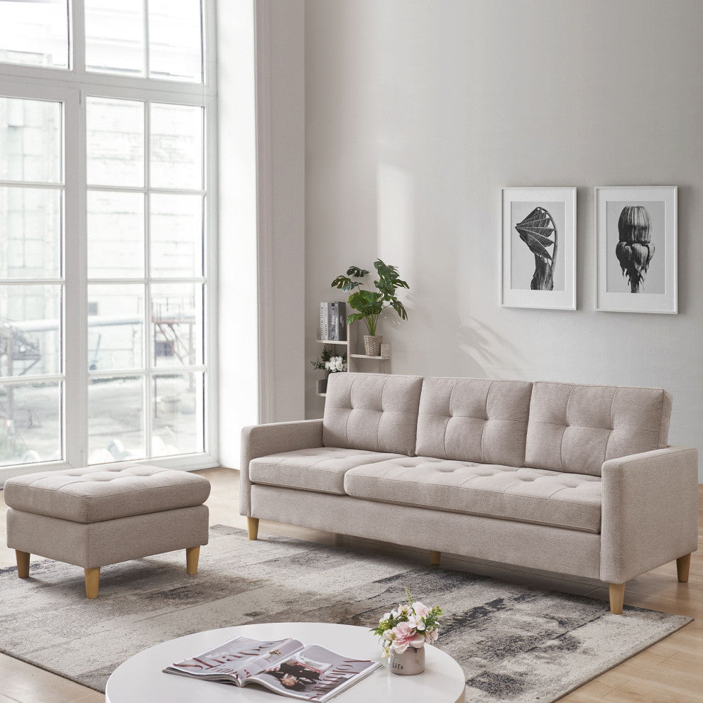 Stagecoach 87" 2-Piece Tufted Reversible Sectional With Ottoman, Beige
