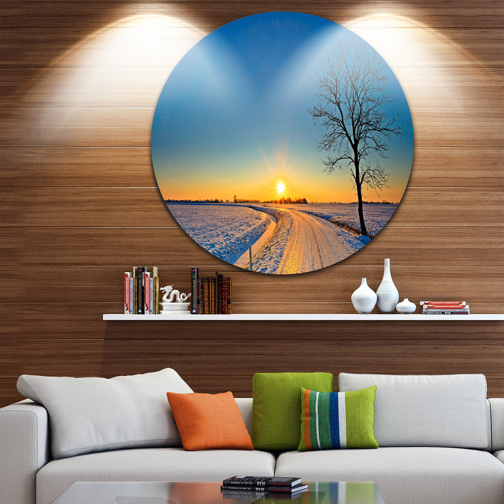 Distant Sunset In Winter, Landscape Photo Round Metal Wall Art, 36"