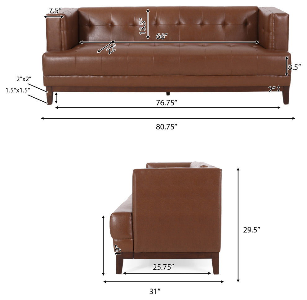 Stefan Mid Century Faux Leather Tufted 3 Seater Sofa, Cognac + Espresso