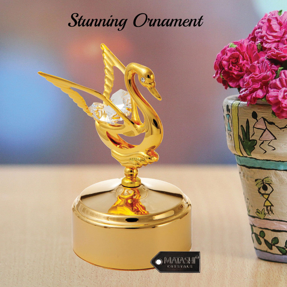 24K Gold Plated Music Box w Swan Figurine