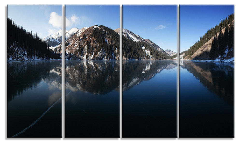 Frozen Mountain Lake Pano, Landscape Canvas Art Print, 48"x28", 4 Panels