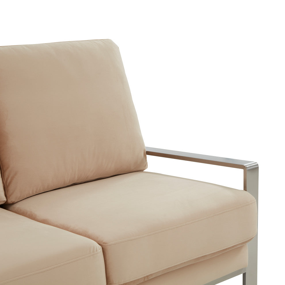 LeisureMod Jefferson Modern Design Velvet Sofa With Silver Frame, Beige