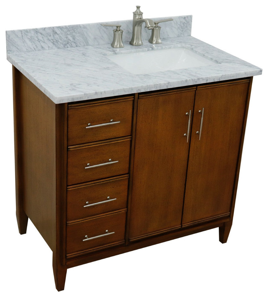 37" Single Vanity, Walnut Finish With White Carrara